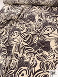 Abstract Circle Lines Printed Silk Crepe de Chine - Charcoal Plum / Ivory