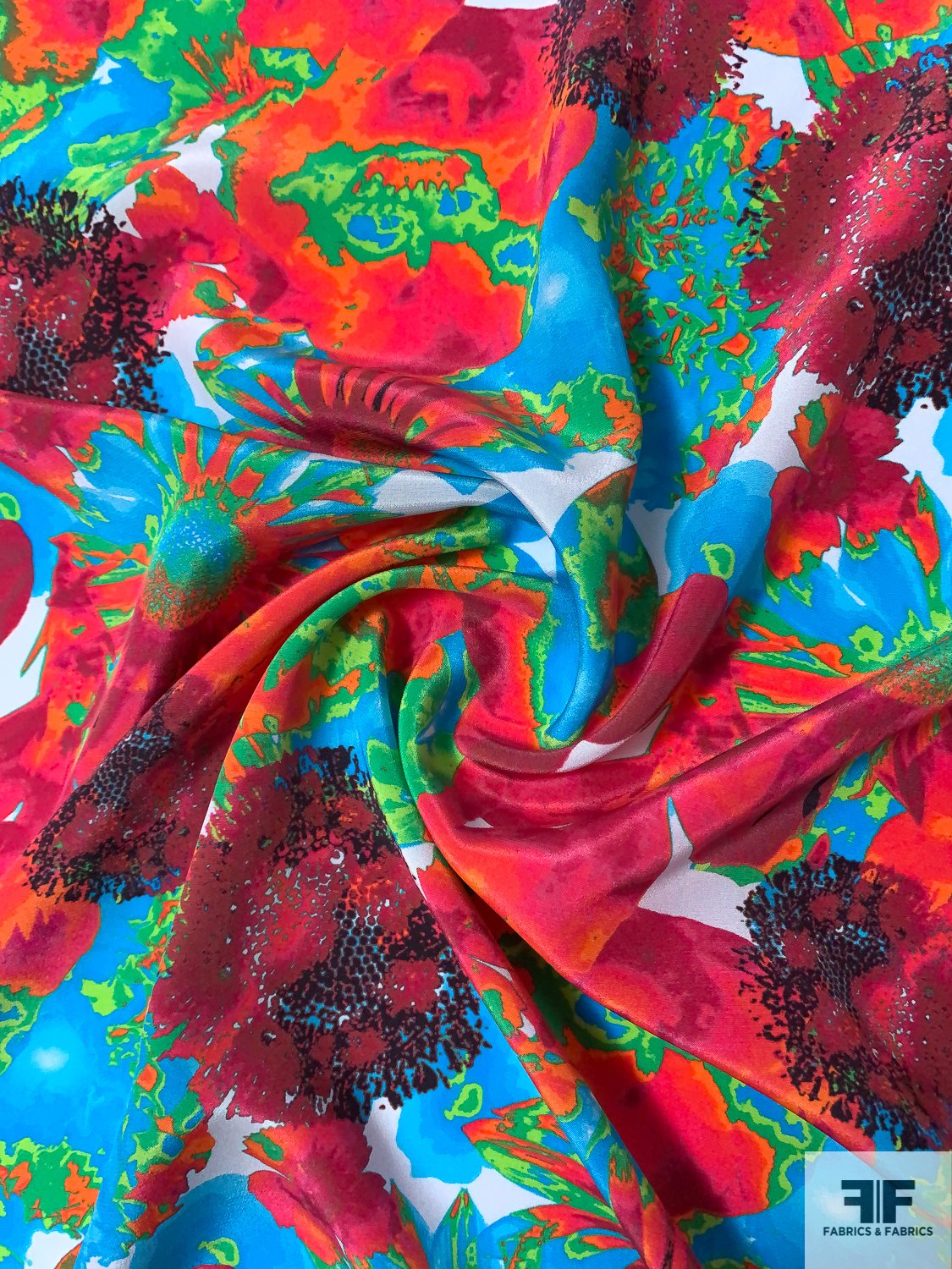 Vibrant Watercolor Floral Printed Silk Crepe de Chine - Reds / Turquoise Blue / Greens