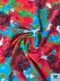 Vibrant Watercolor Floral Printed Silk Crepe de Chine - Reds / Turquoise Blue / Greens
