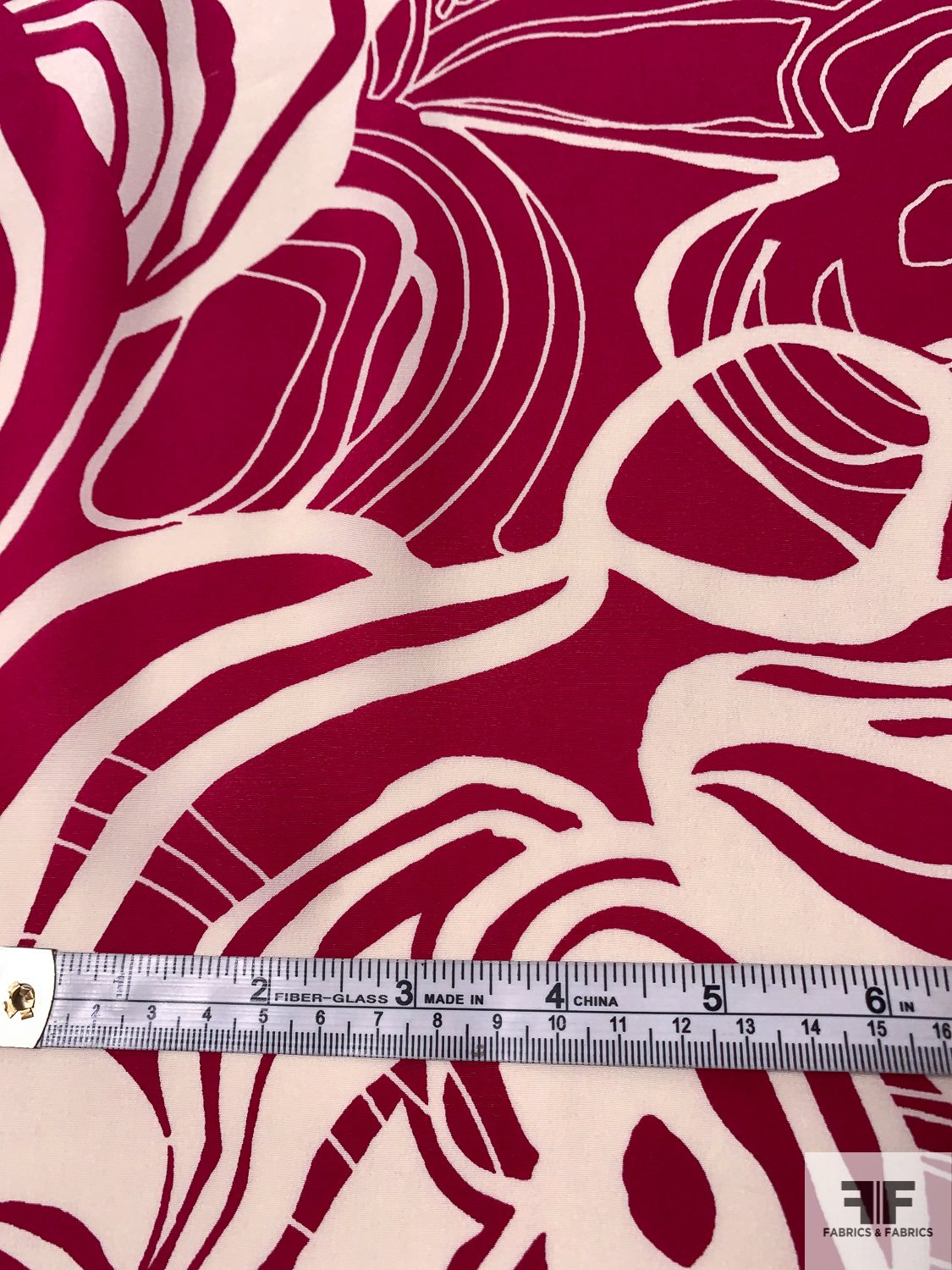 Abstract Circle Lines Printed Silk Crepe de Chine - Deep Magenta / Ivory
