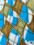 Groovy Argyle Printed Silk Crepe de Chine - Turquoise / Ochre Tan / Brown