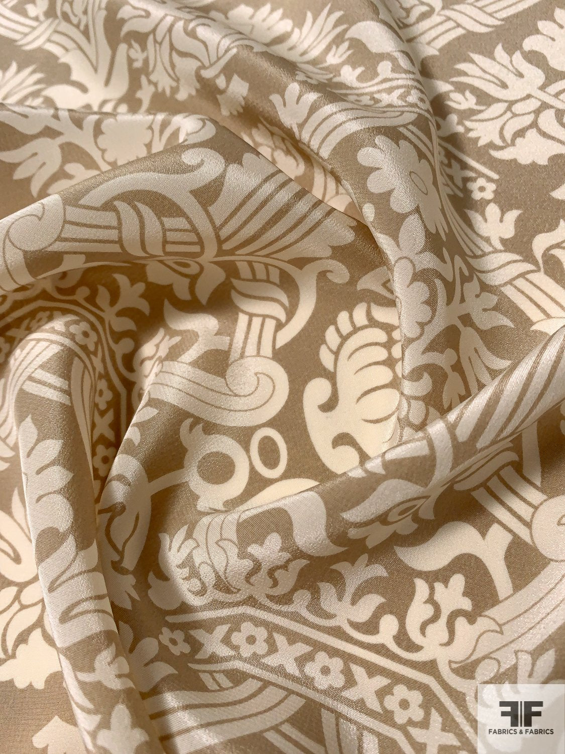 Regal Floral Printed Silk Crepe de Chine - Light Khaki / Ivory