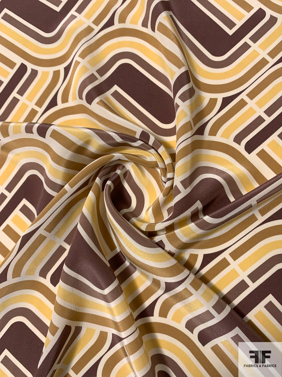 Groovy Art Deco Printed Silk Crepe de Chine - Yellow / Brown / Tan