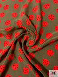 Lady Bug Inspired Printed Silk Crepe de Chine - Red / Olive Green / Dark Brown