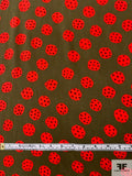 Lady Bug Inspired Printed Silk Crepe de Chine - Red / Olive Green / Dark Brown