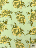 Watercolor Floral Blossoms Printed Silk Crepe de Chine - Mint / Yellow / Olive Green