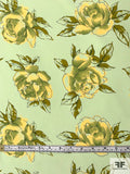 Watercolor Floral Blossoms Printed Silk Crepe de Chine - Mint / Yellow / Olive Green