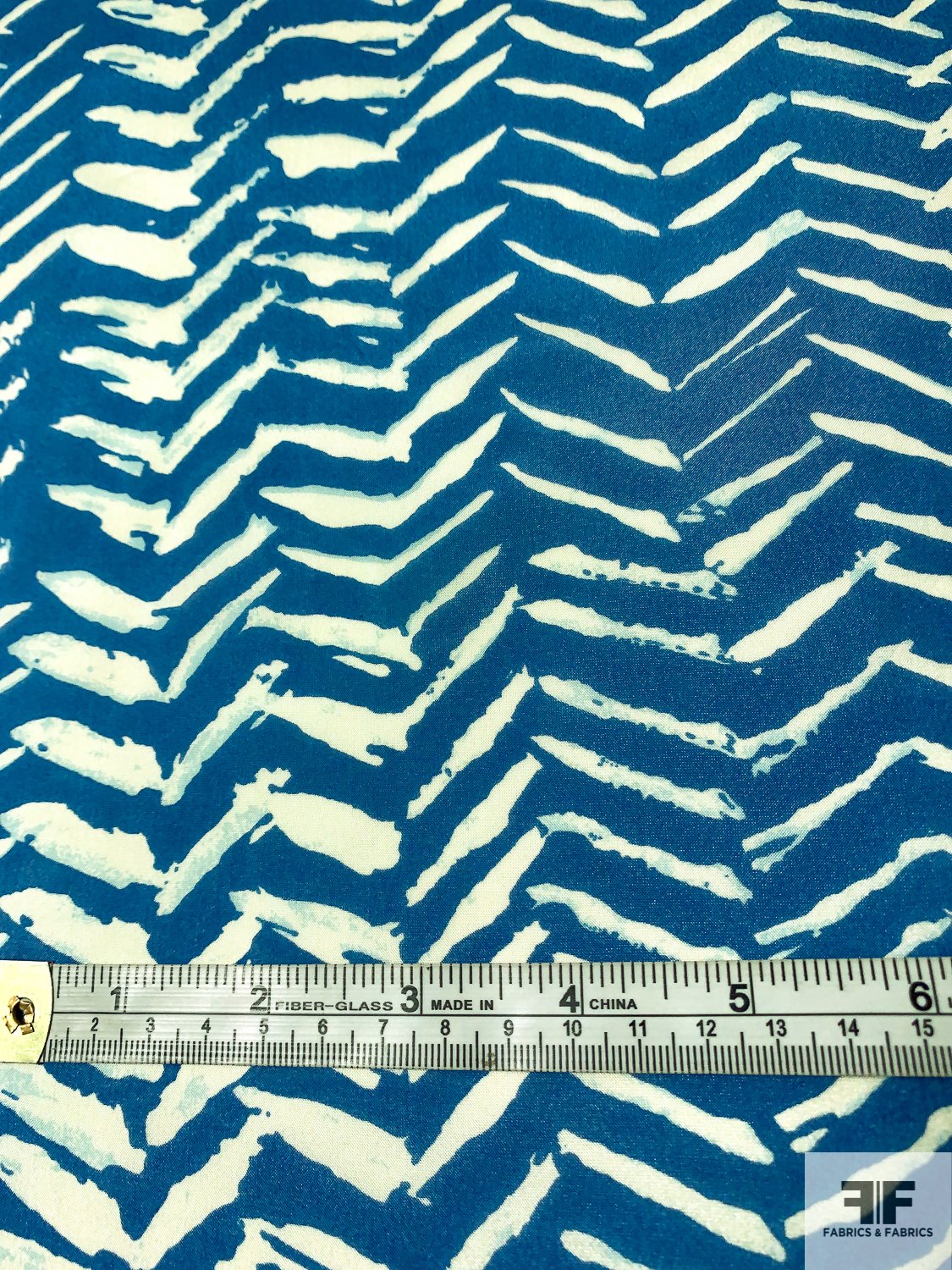 Painterly Broken Chevron Printed Silk Habotai - Ocean Blue / Off-White