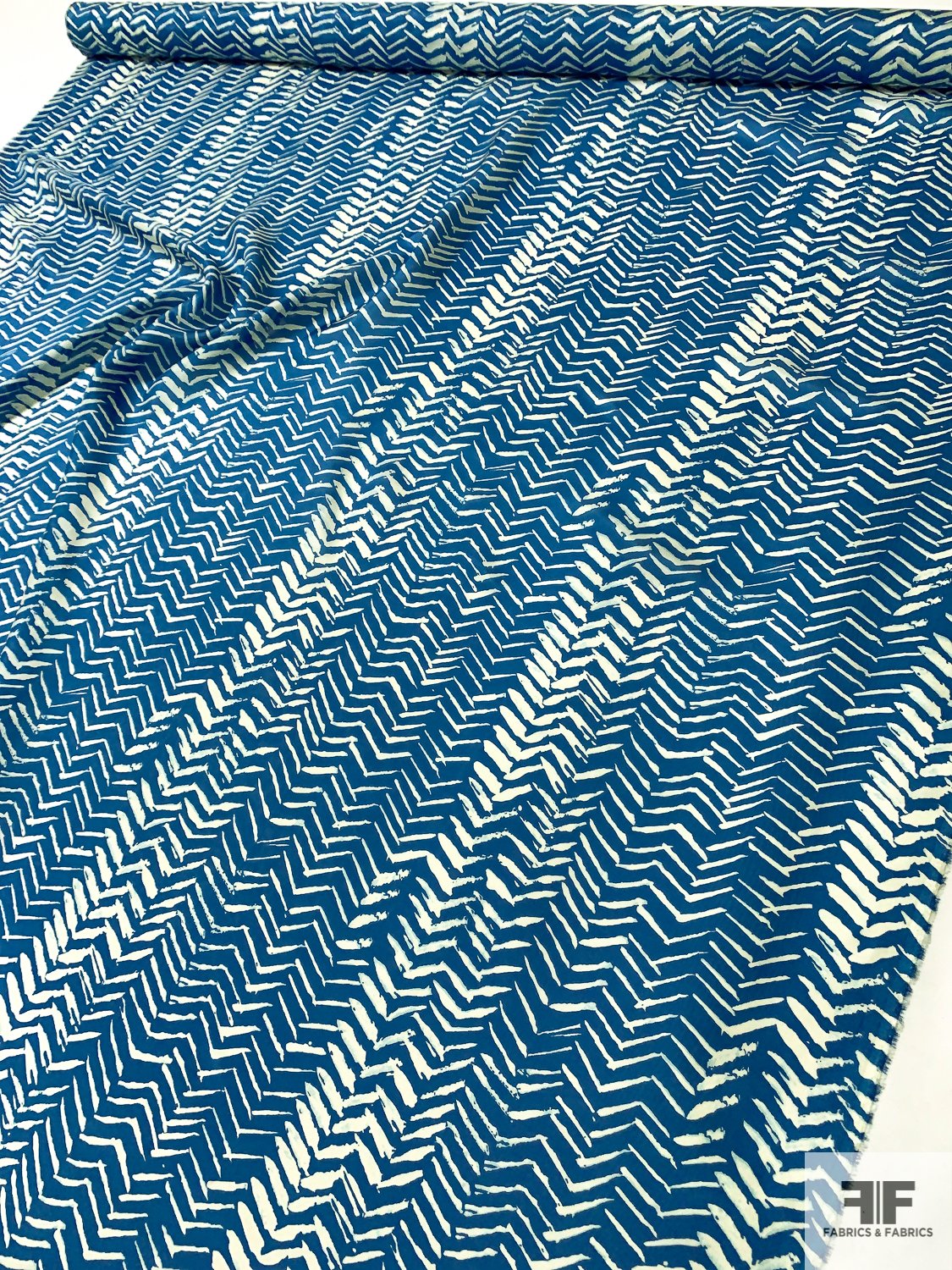 Painterly Broken Chevron Printed Silk Habotai - Ocean Blue / Off-White