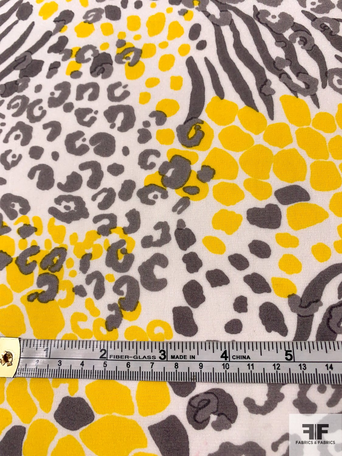 Wavy Animal Pattern Collage Printed Silk Crepe de Chine - Yellow / Grey / White