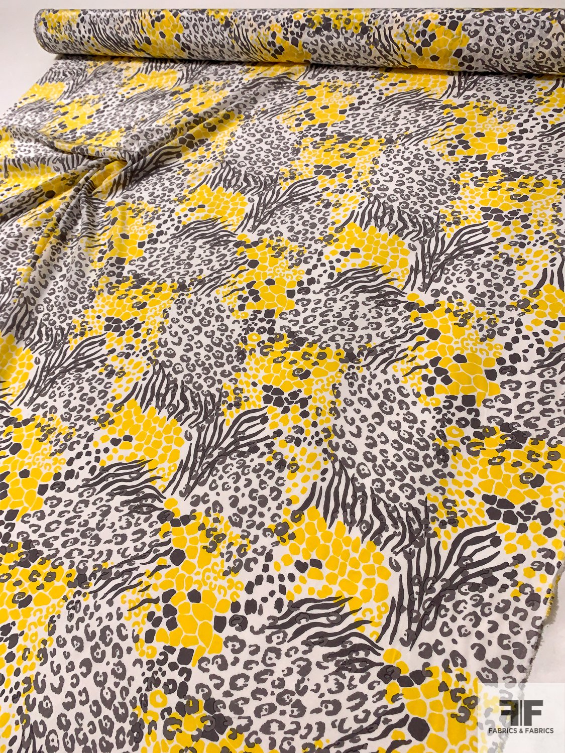 Wavy Animal Pattern Collage Printed Silk Crepe de Chine - Yellow / Grey / White