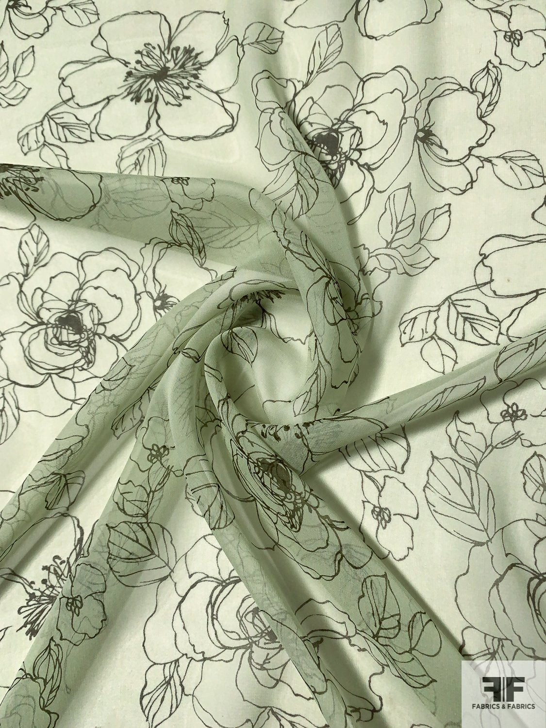 Floral Sketch Printed Silk Chiffon - Light Sage / Dark Sage