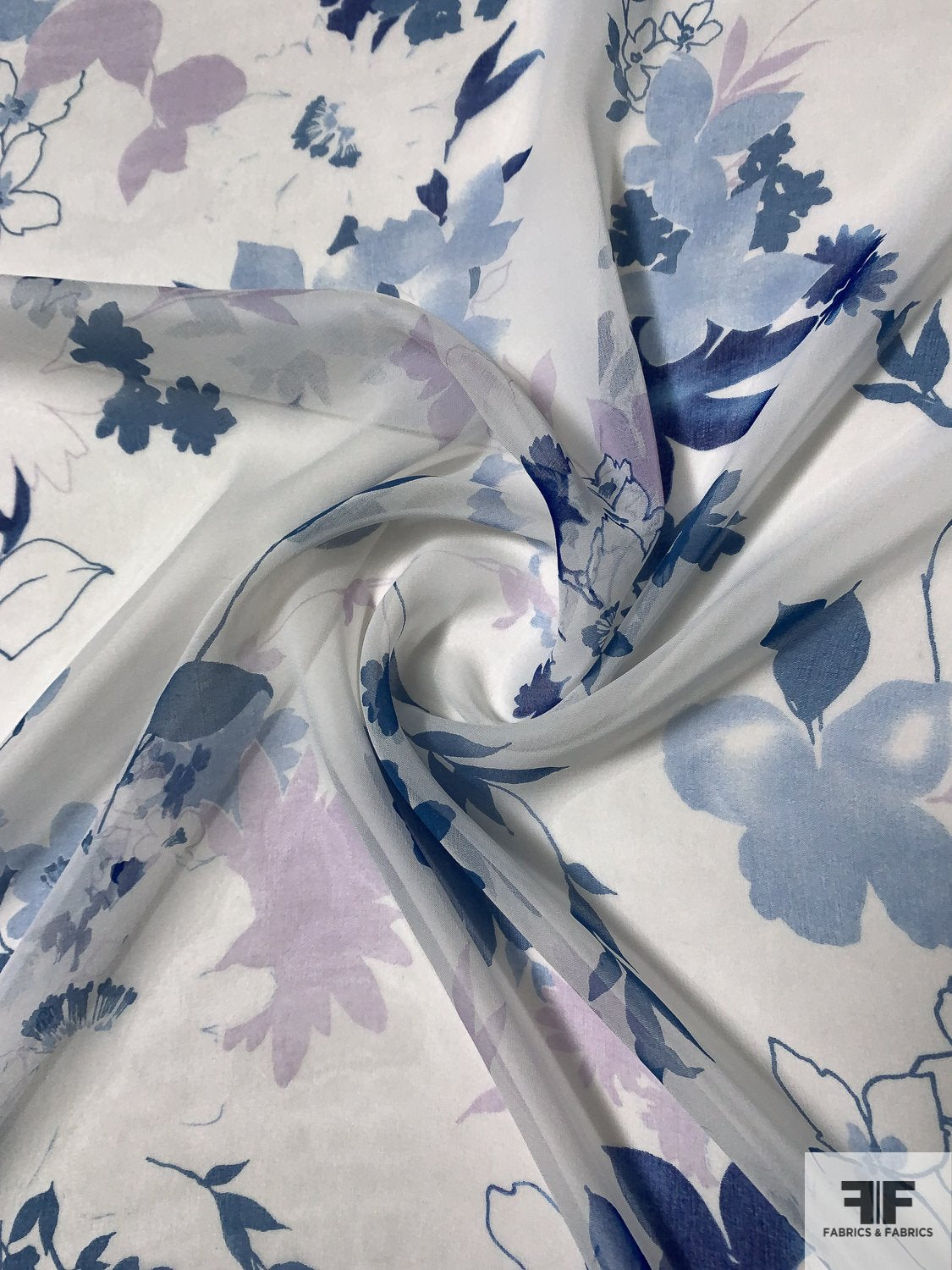 Romantic Floral Printed Silk Chiffon - Shades of Blue/Lavender/White | FABRICS & FABRICS Fabrics & Fabrics Romantic Floral Printed Silk Chiffon - Shades of Blue/Lavender/White | FABRICS & FABRICS Fabrics & Fabrics