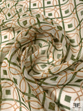 Art Deco Circle Rings Grid Printed Silk Chiffon - Deep Green / Saddle Brown / Off-White