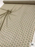 Art Deco Circle Rings Grid Printed Silk Chiffon - Deep Green / Saddle Brown / Off-White