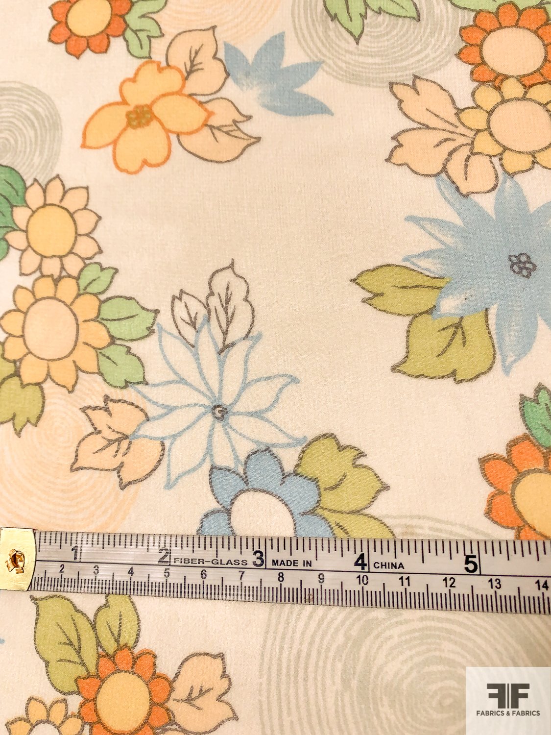 Floral and Circle Swirls Printed Silk Chiffon - Orange / Yellows / Greens / Sky Blue