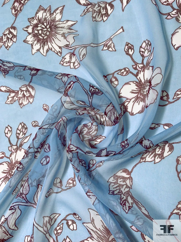 Floral Sketch Printed Silk Chiffon - Spring Blue/Maroon/White | FABRICS ...