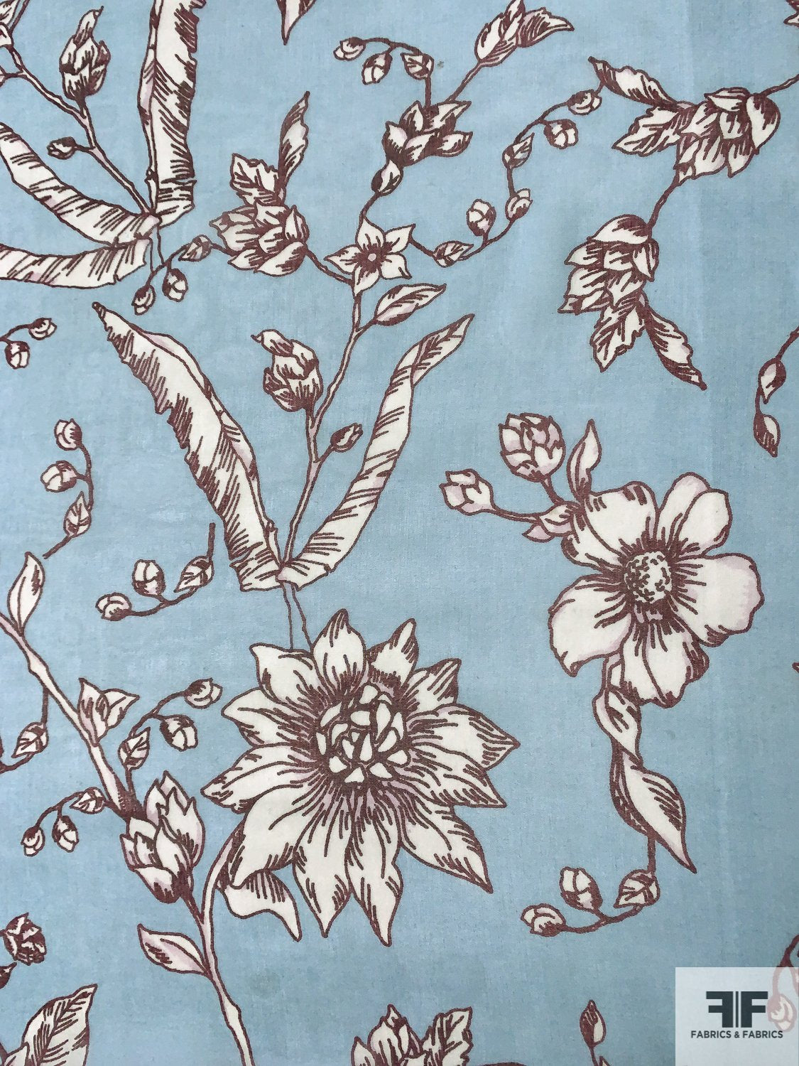 Floral Sketch Printed Silk Chiffon - Spring Blue / Maroon / White