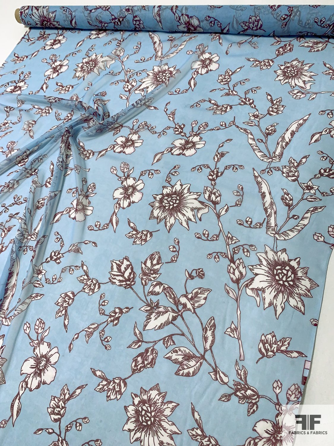 Floral Sketch Printed Silk Chiffon - Spring Blue / Maroon / White