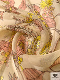 Leaf and Floral Printed Silk Chiffon - Salmon / Yellow / Beige