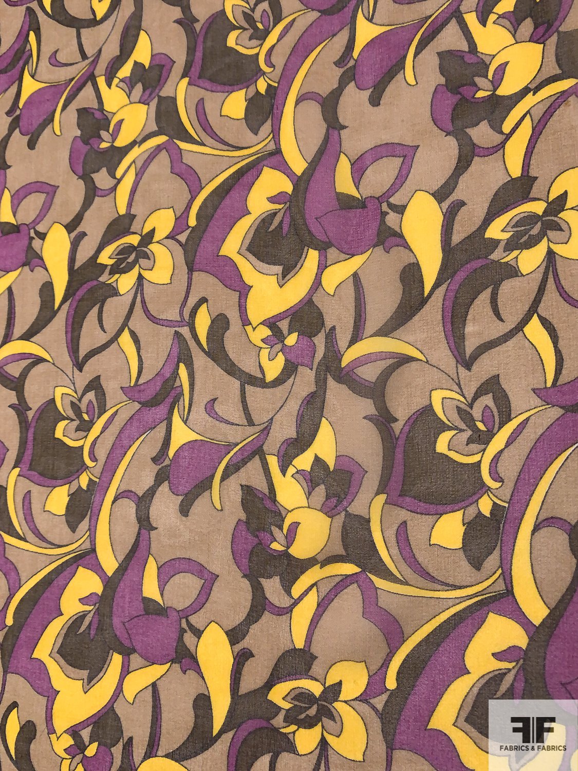 Graphic Floral Printed Silk Chiffon - Yellow / Purple / Latte Tan / Brown