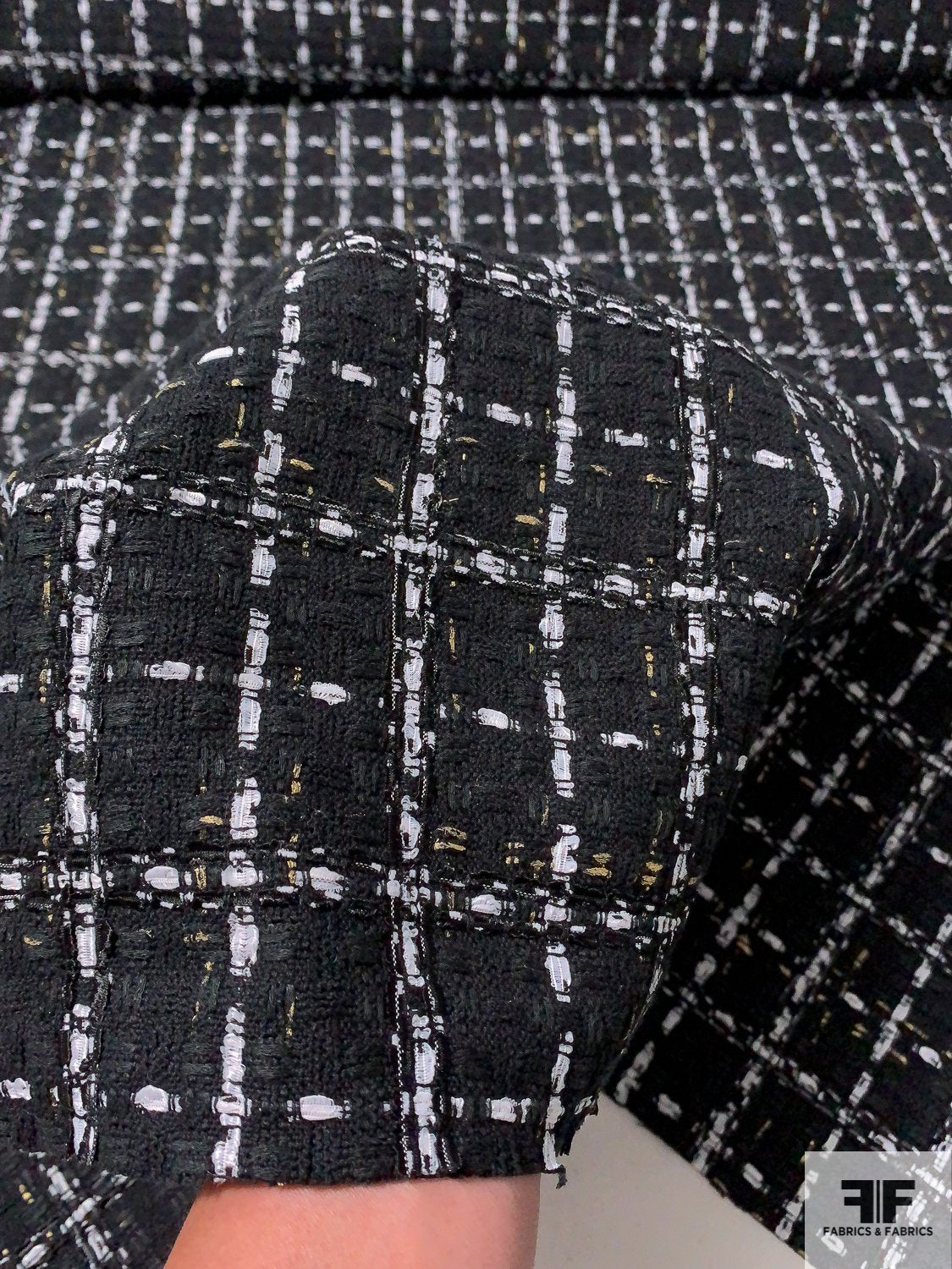 Italian Woven Windowpane Couture Tweed Suiting - Black / White / Gold