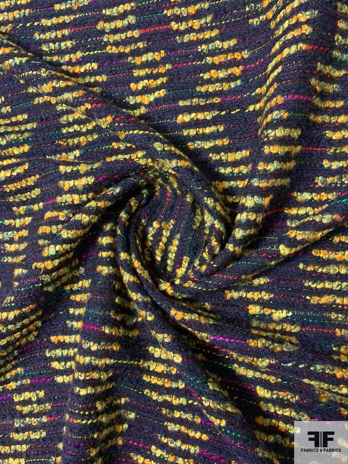 Italian Broken Wavy Striped Boucle Couture Wool Tweed - Navy / Yellow-Gold / Multicolor