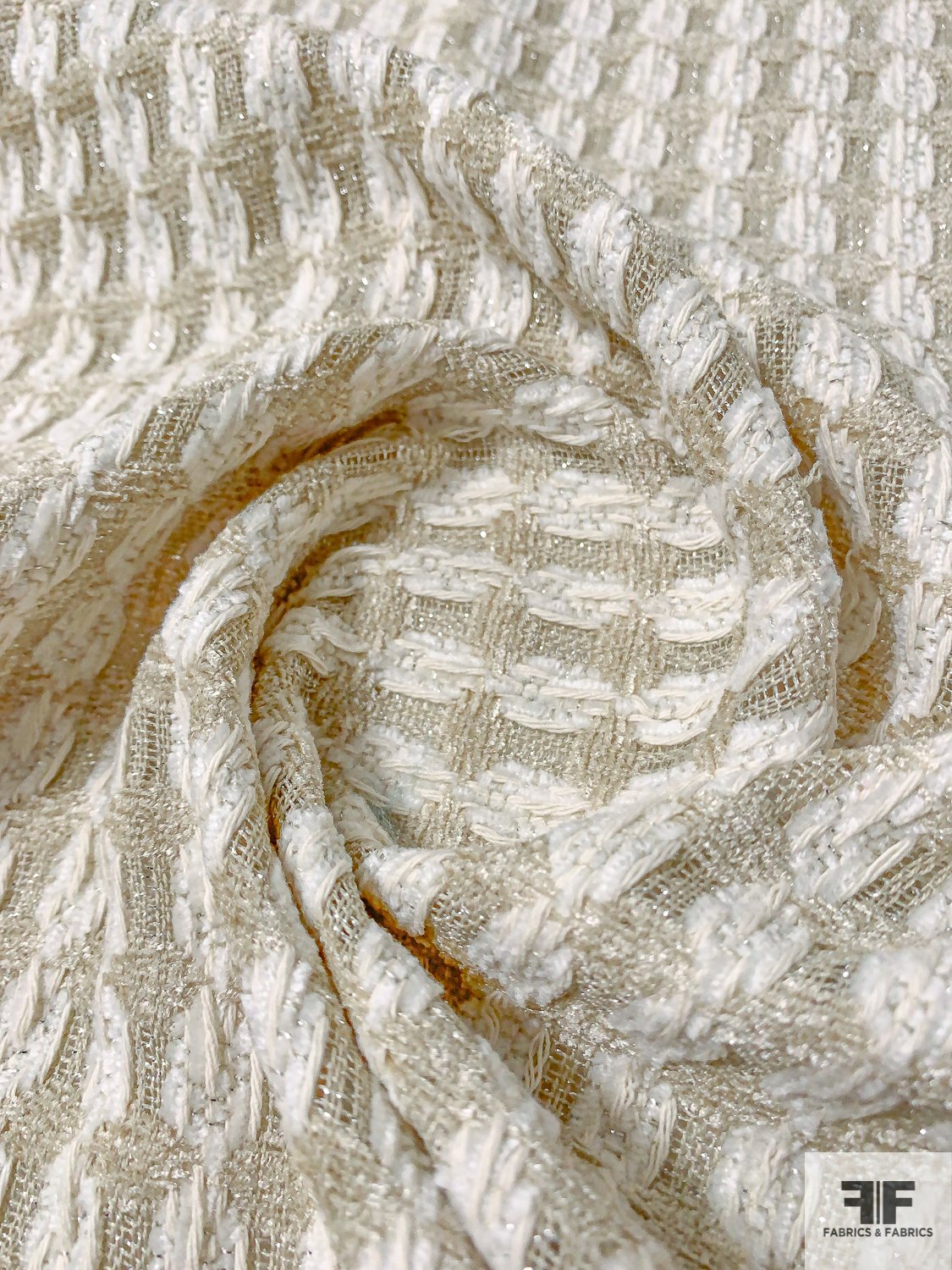 Italian Reversible Grid Striped Tweed Suiting with Lurex Fibers - Ivory / Ecru / Silver