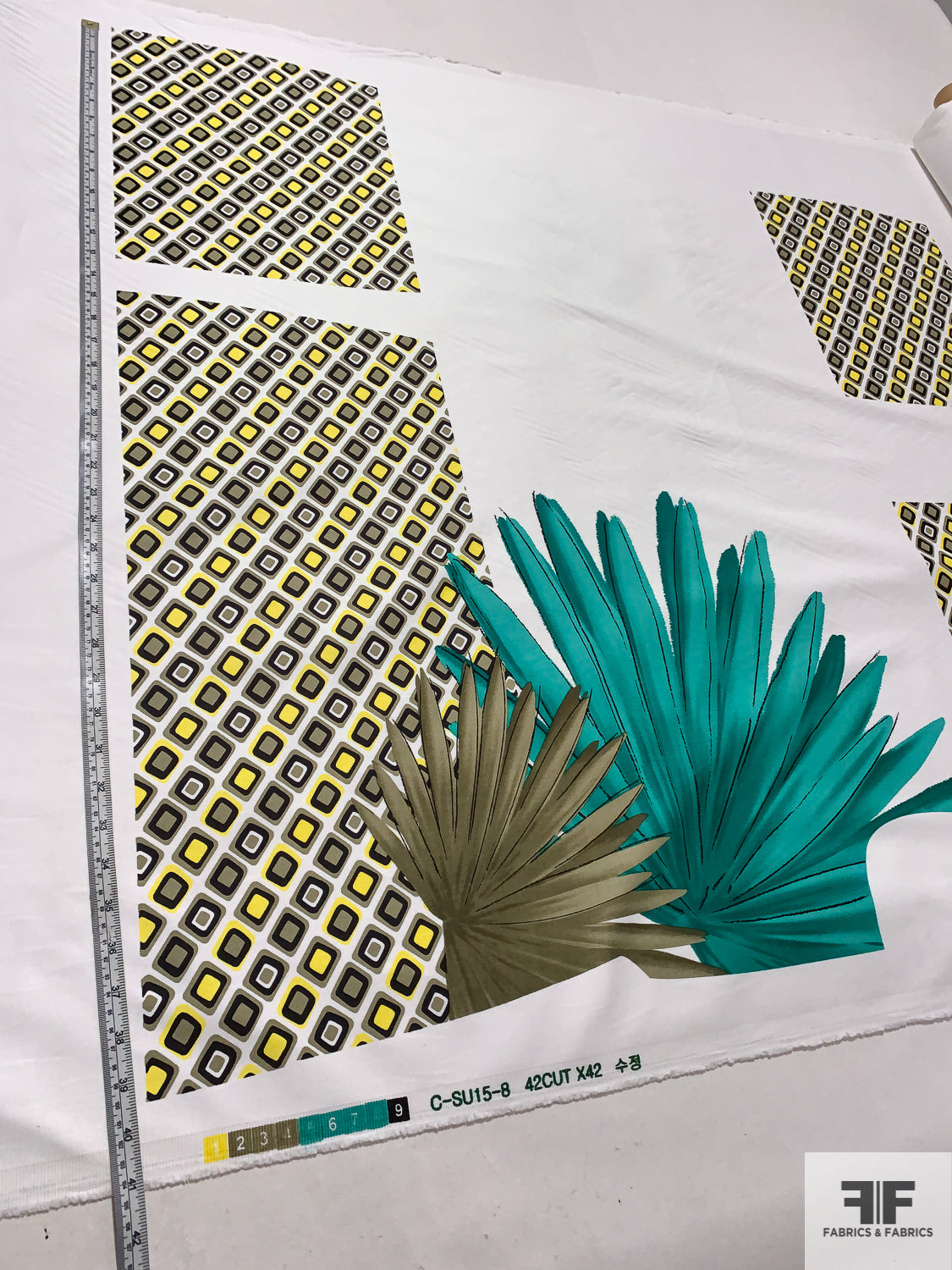 Tropical Leaf and Geometric Printed Stretch Cotton Sateen Panel - Teal / Olive / Yellow / White