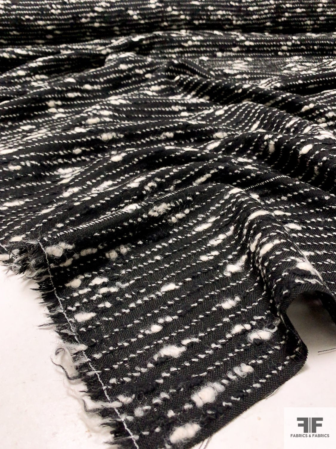 Italian Boucle Yarn Striped Wool Blend Suiting - Black / Ivory