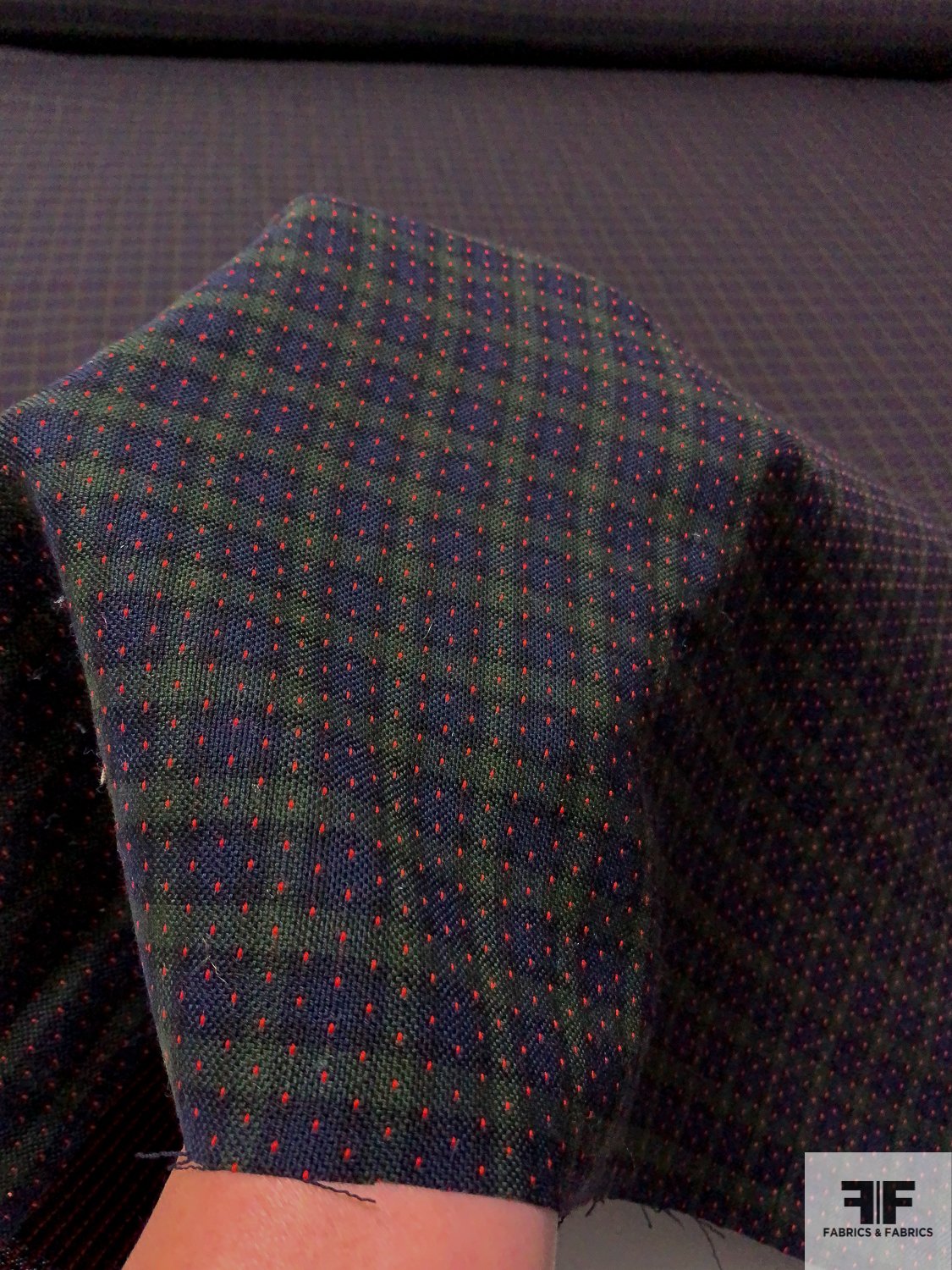 Italian Pin Dot Gingham Wool Suiting - Navy / Evergreen / Red