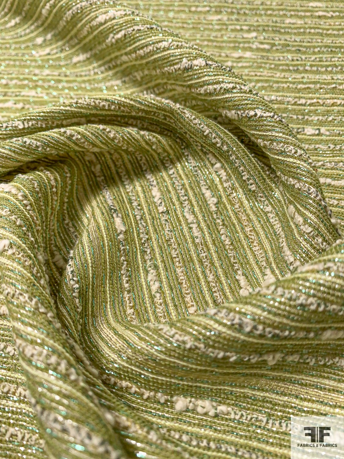 Italian Knub Striped Tweed-Look Metallic Brocade - Lime Green / Cream