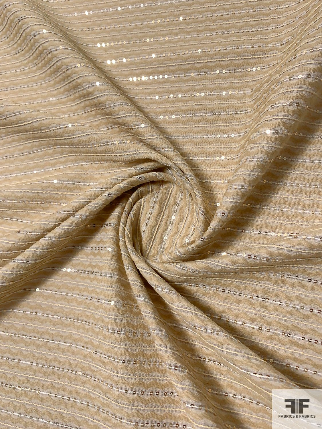 Italian Wavy Striped Novelty Cotton Suiting with Small Fine Sequins - Beige / Sand