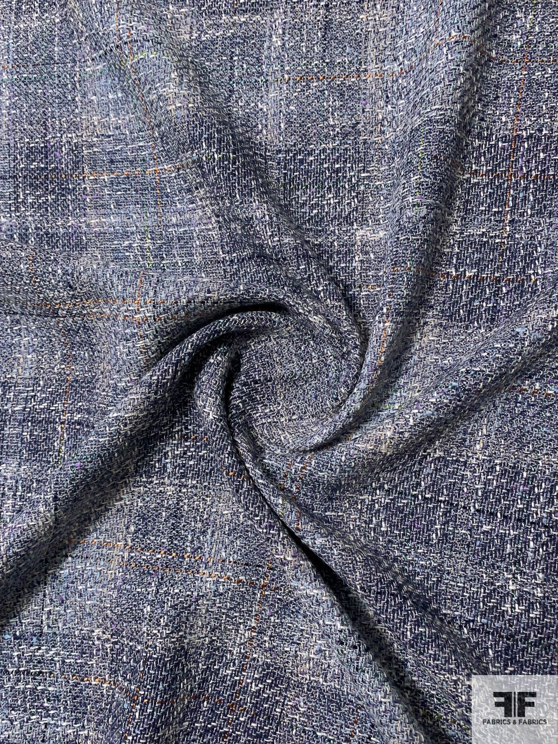 Italian Shadow Plaid Cotton Tweed Suiting - Shades of Blue / Burnt Orange / Purple