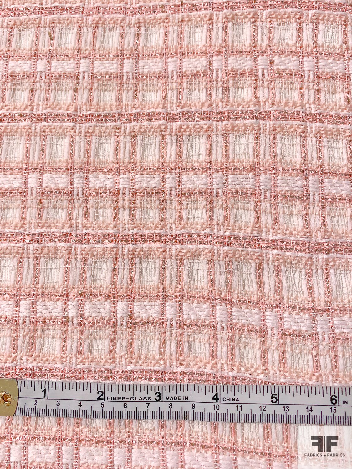 Loosely Woven Glam Tweed with Lurex Fibers - Blush Pink / Off-White / Metallic Taupe
