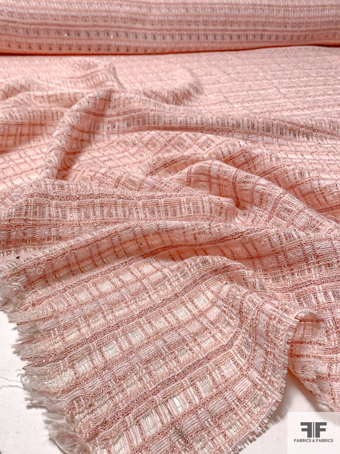 Loosely Woven Glam Tweed with Lurex Fibers - Blush Pink / Off-White / Metallic Taupe