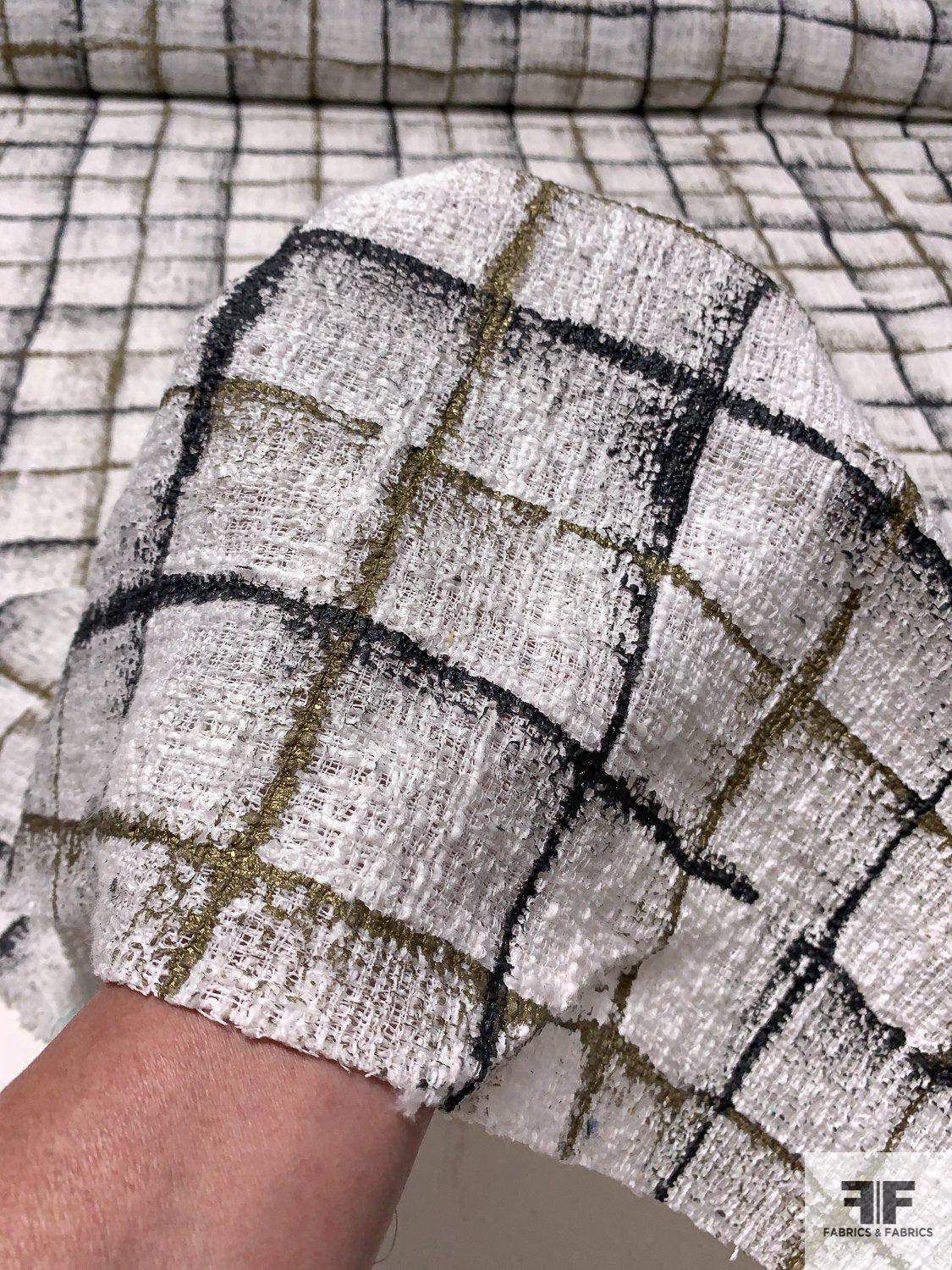 Italian Cotton Tweed Suiting with Windowpane Foil Print - White / Metallic Olive / Dark Grey