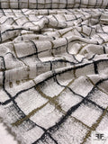 Italian Cotton Tweed Suiting with Windowpane Foil Print - White / Metallic Olive / Dark Grey
