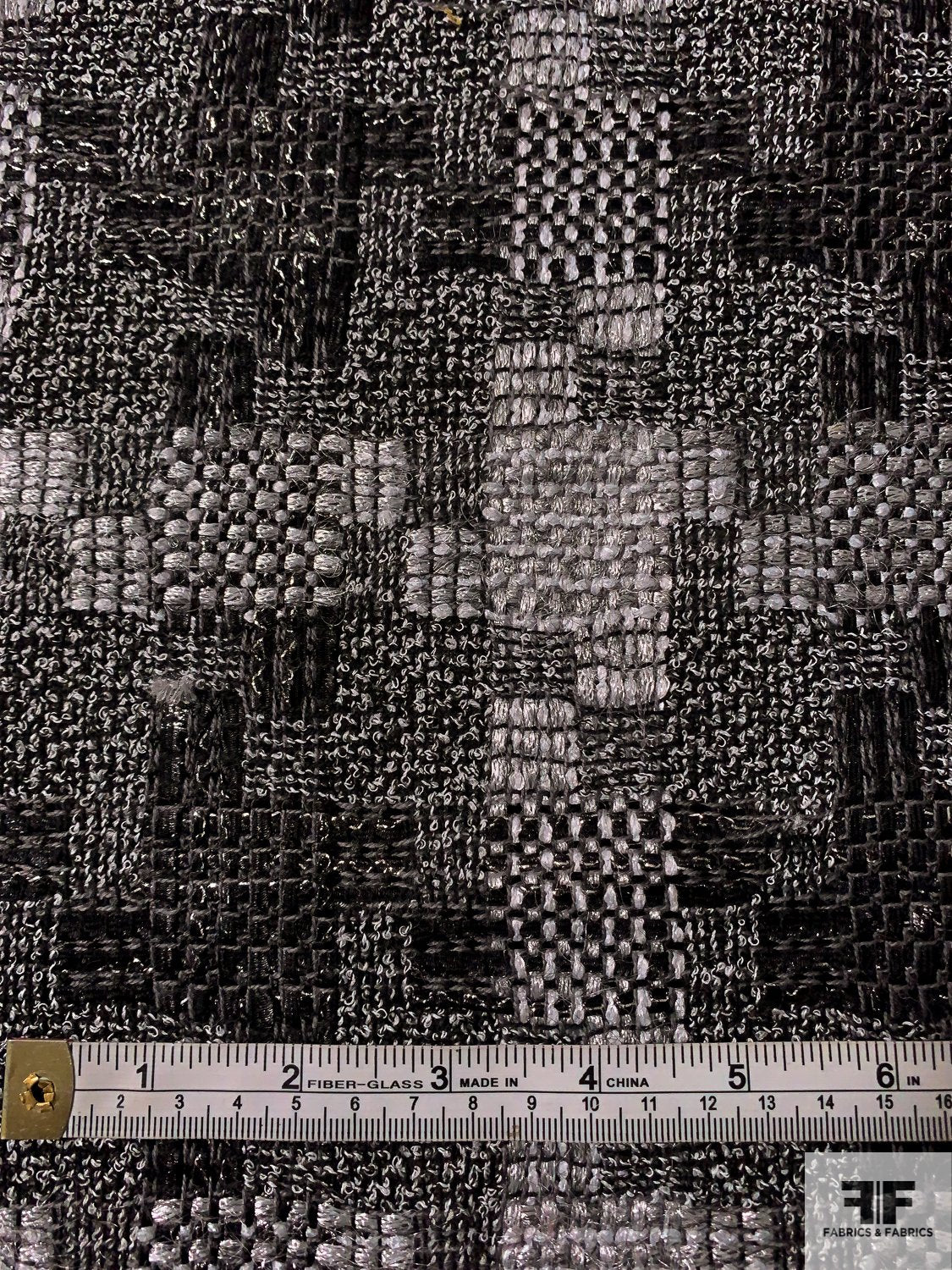 French Glam Couture Houndstooth Tweed Suiting with Lurex Fibers - Black / Grey / Silver