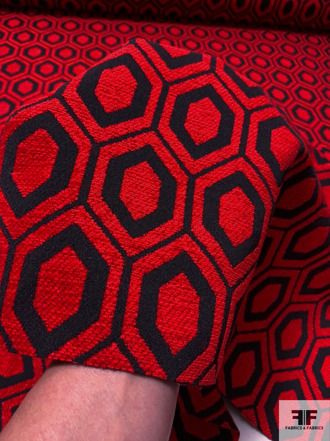 Italian Novelty Chenille Hexagon Jacket Weight Suiting - Bright Red / Black