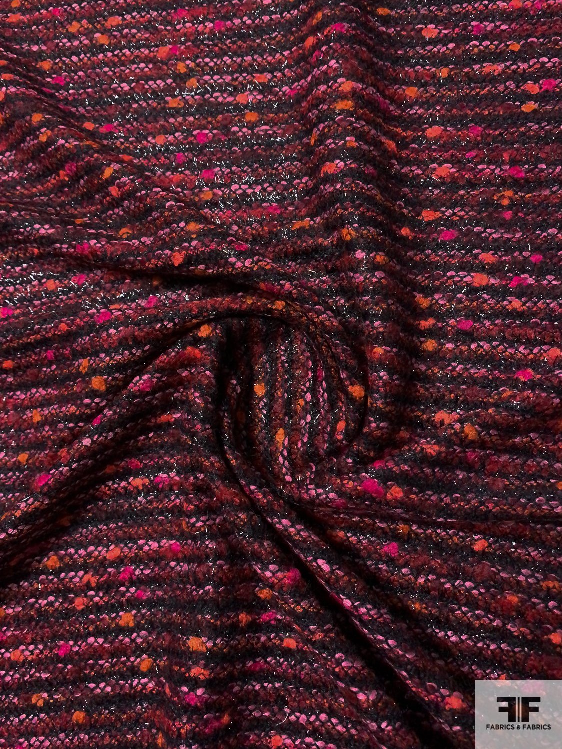 Italian Glam Couture Striped Tweed with Lurex Fibers - Maroon / Magenta / Black / Orange / Dark Coral