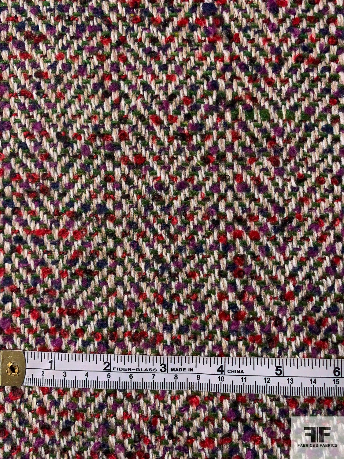 Italian Speckled Herringbone Jacket Weight Wool Tweed - Green / Red / Purple / Oatmeal