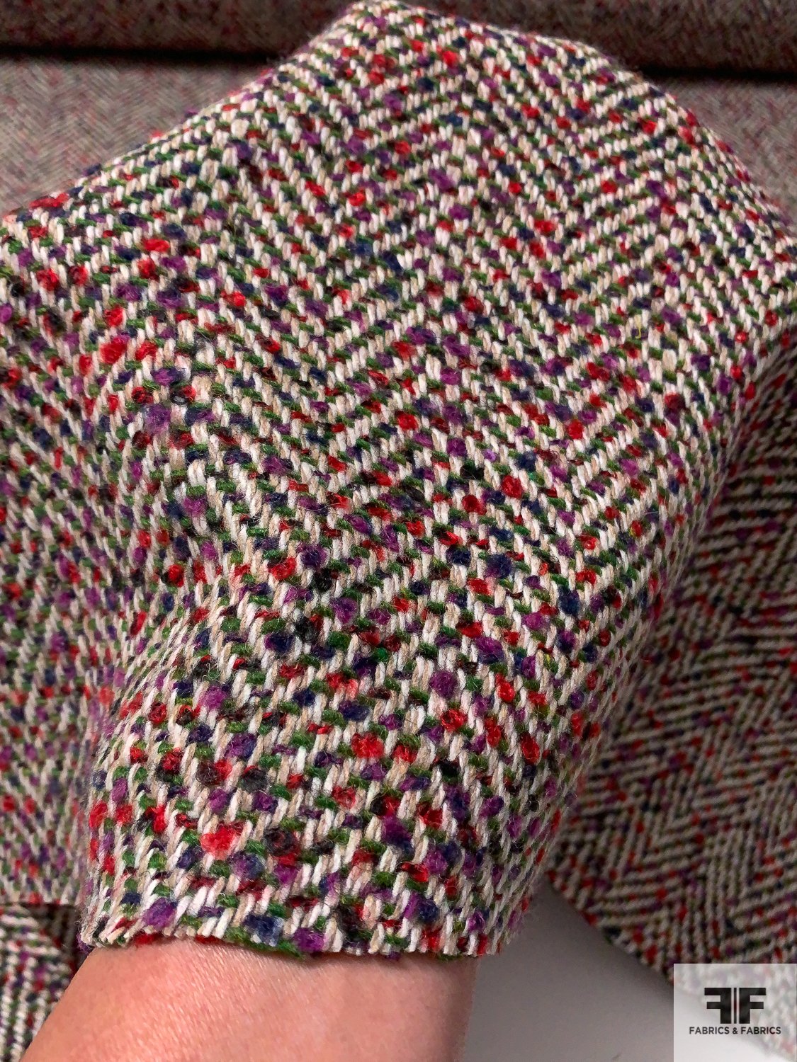 Italian Speckled Herringbone Jacket Weight Wool Tweed - Green / Red / Purple / Oatmeal