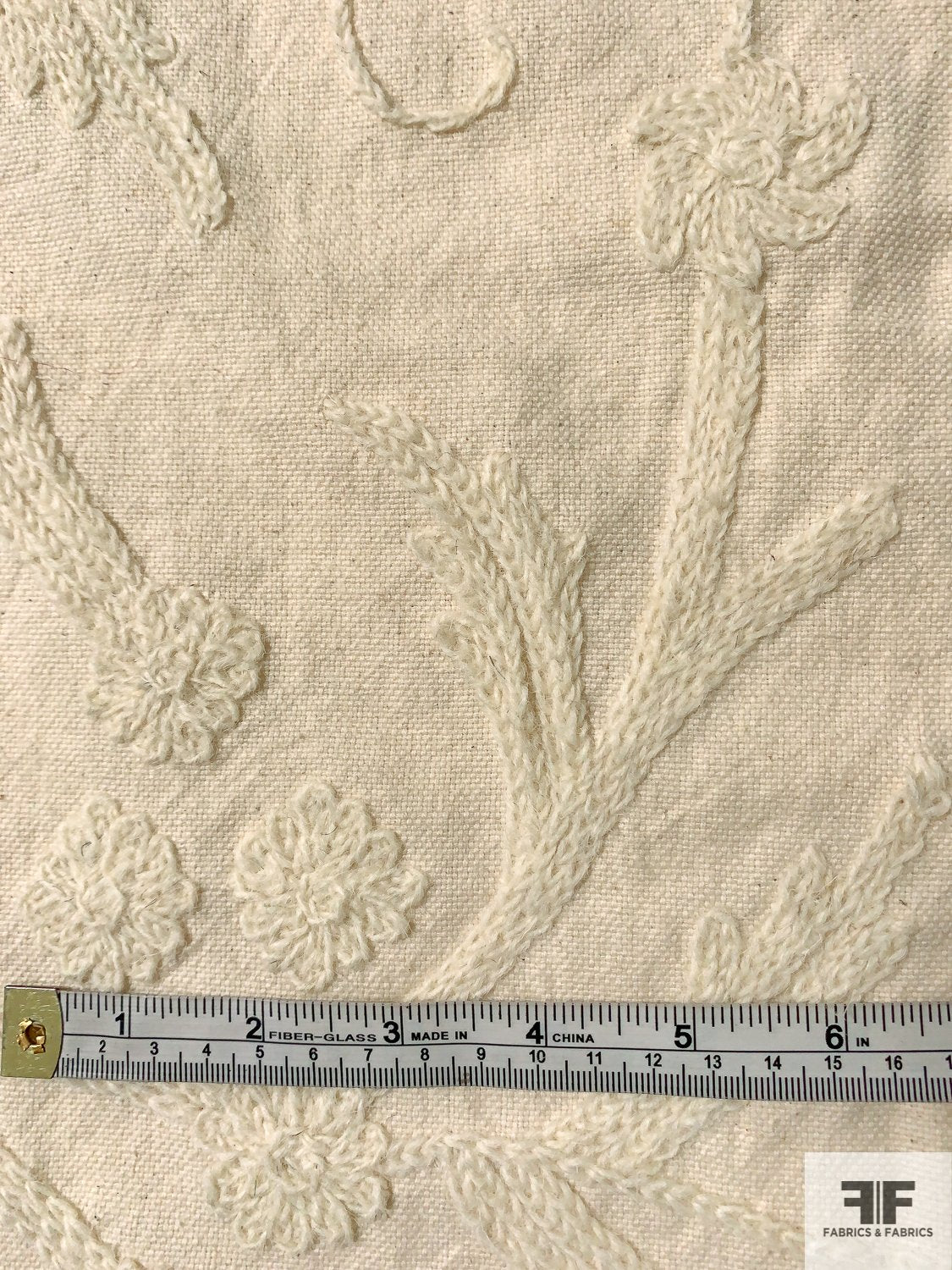 Laundered Cotton Canvas with Wool Yarned Floral Embroidery - Ivory