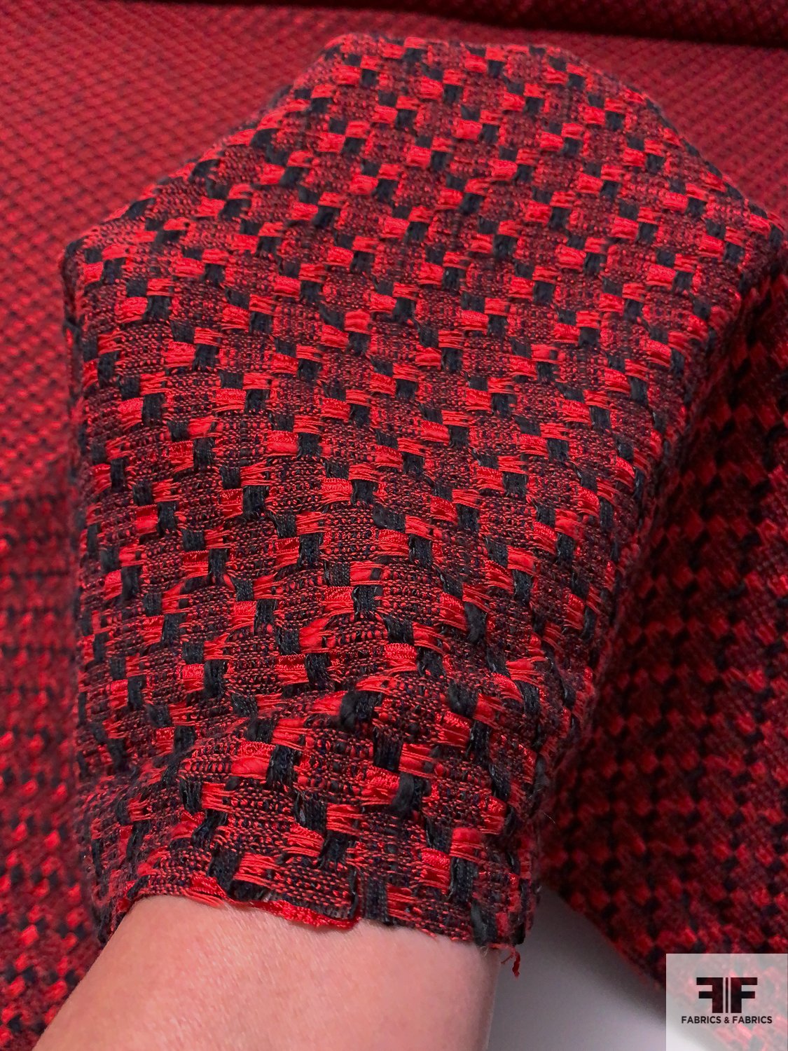 Made in England Cotton Blend Basketweave Tweed Suiting - Red / Black / White