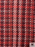 Italian Houndstooth-Like Plaid Couture Jacket Weight Tweed - Shades of Red / Light Pink / Grey