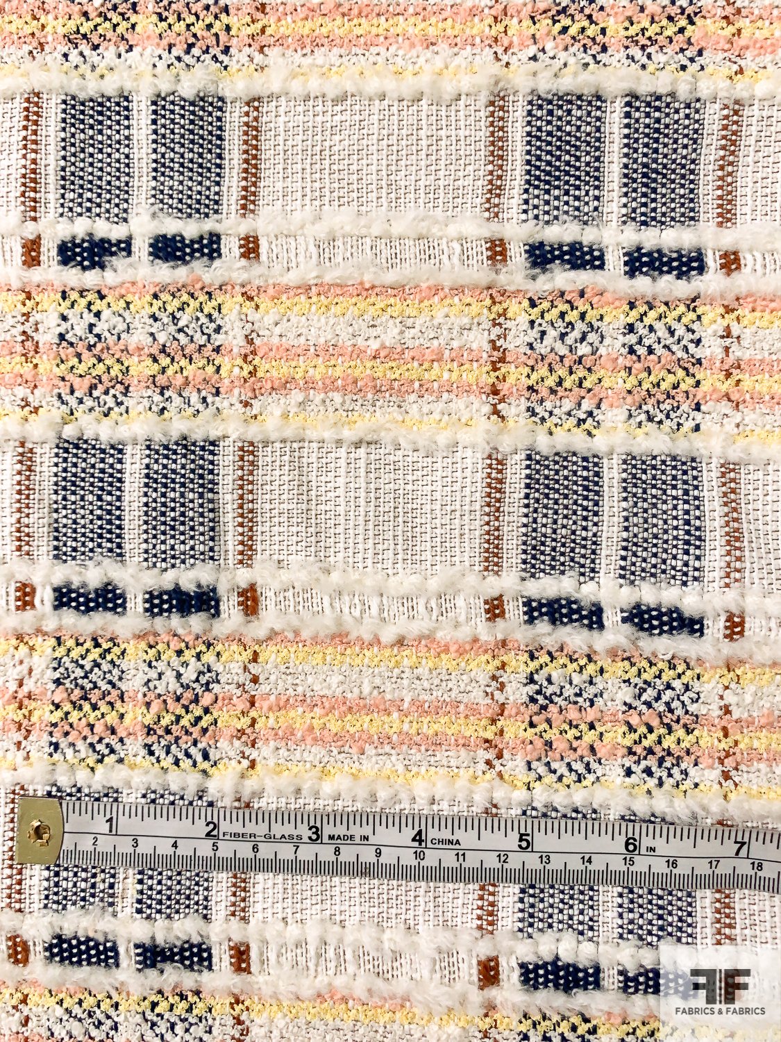 Italian Plaid Cotton Blend Suiting with Textured Chenille - Ivory / Navy / Peach / Yellow