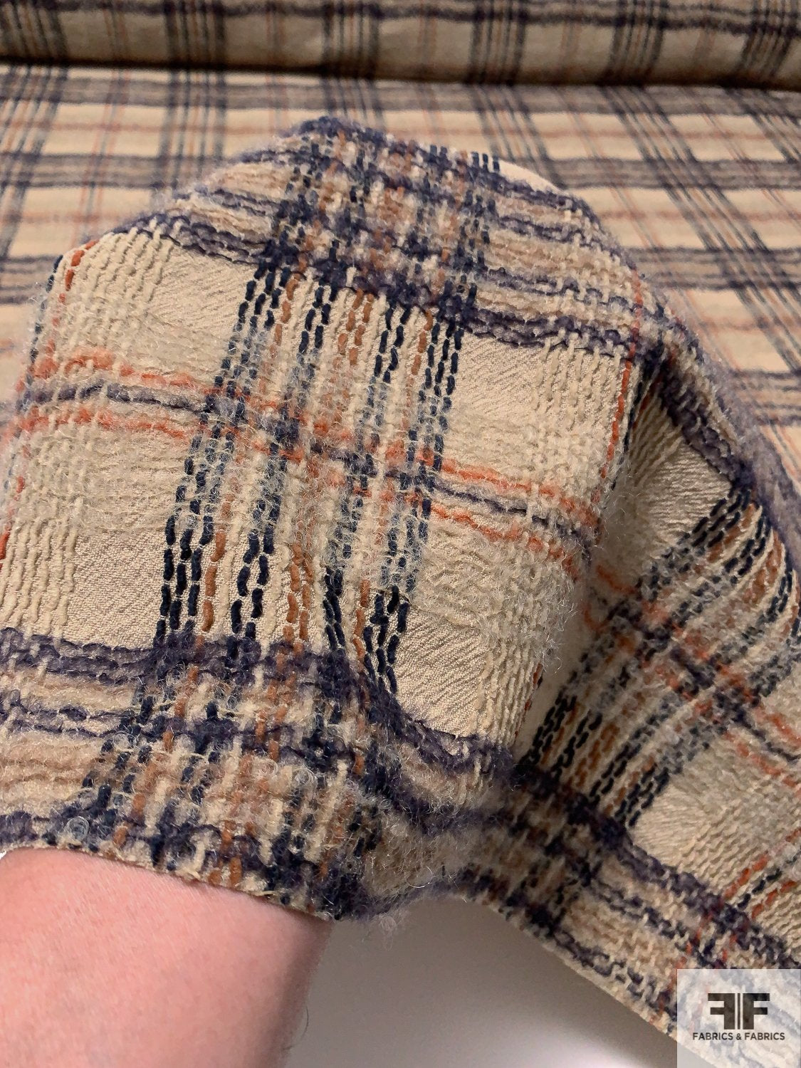 Italian Plaid Textured Jacket Weight Wool Suiting with Mohair Yarns - Light Khaki / Navy / Brown / Saddle