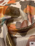 Watercolor Painterly Printed Silk Chiffon with Lurex Microstripes - Browns / Orange / Off-White / Blue / Gold