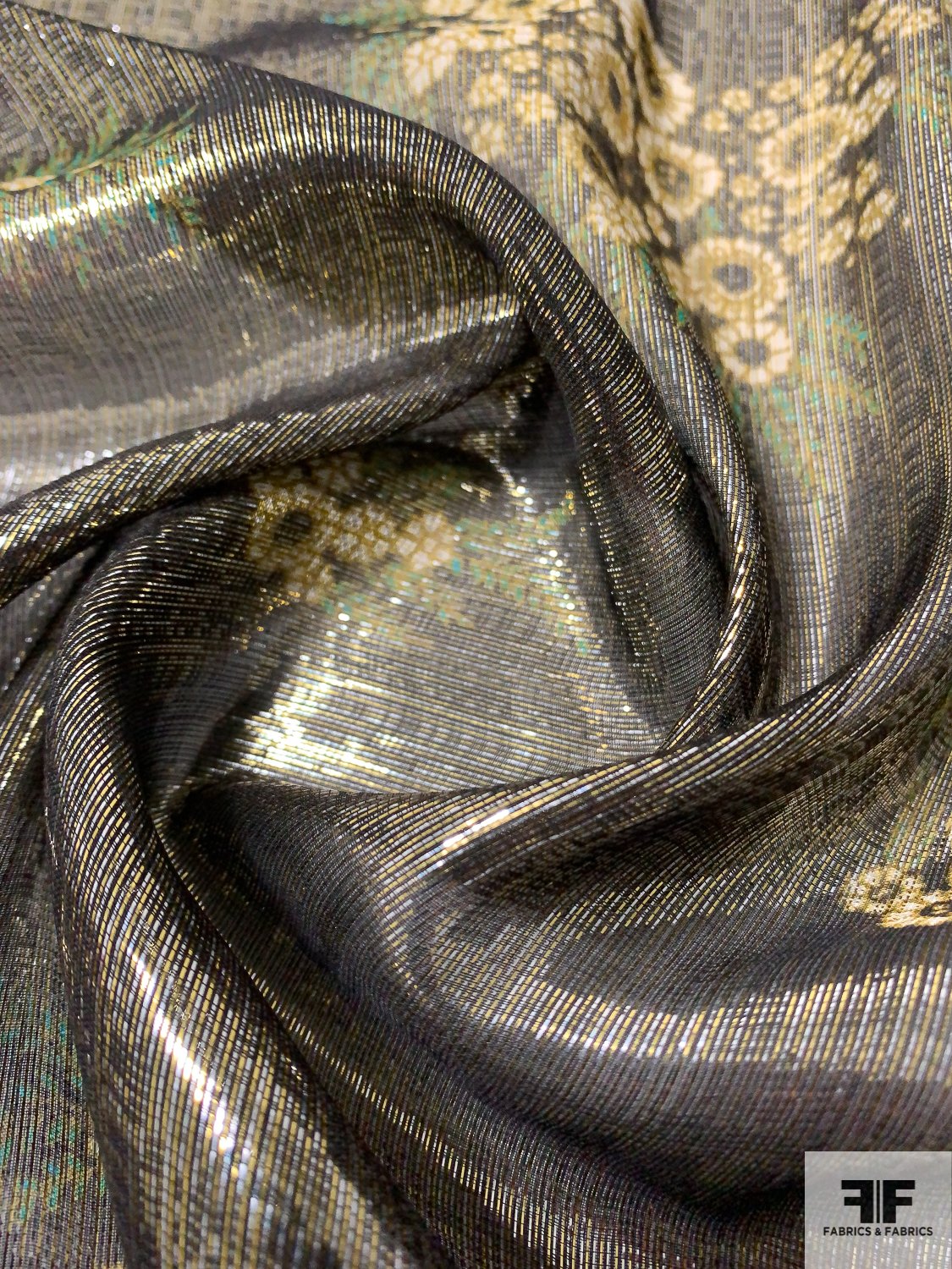 Italian Floral Bouquets Printed Silk Lamé - Black / Gold / Green / Olive